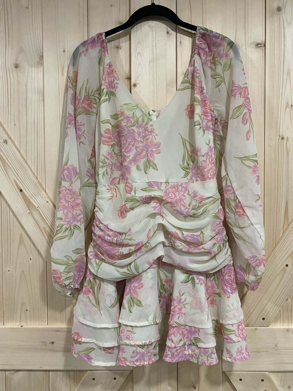 Showpo Pink And White Floral Long Sleeve Ruched Ruffle Mini Dress